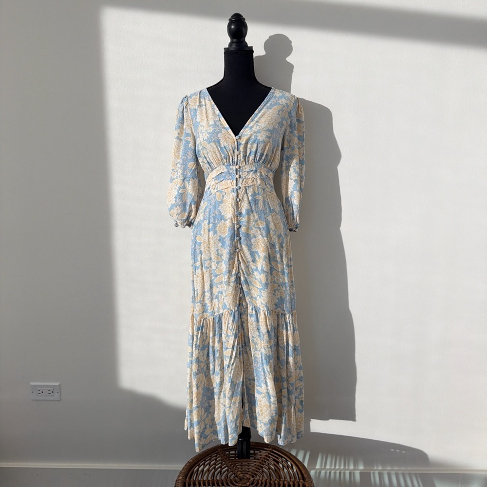 Zara Blue and Cream Floral Button-Front Maxi Dress